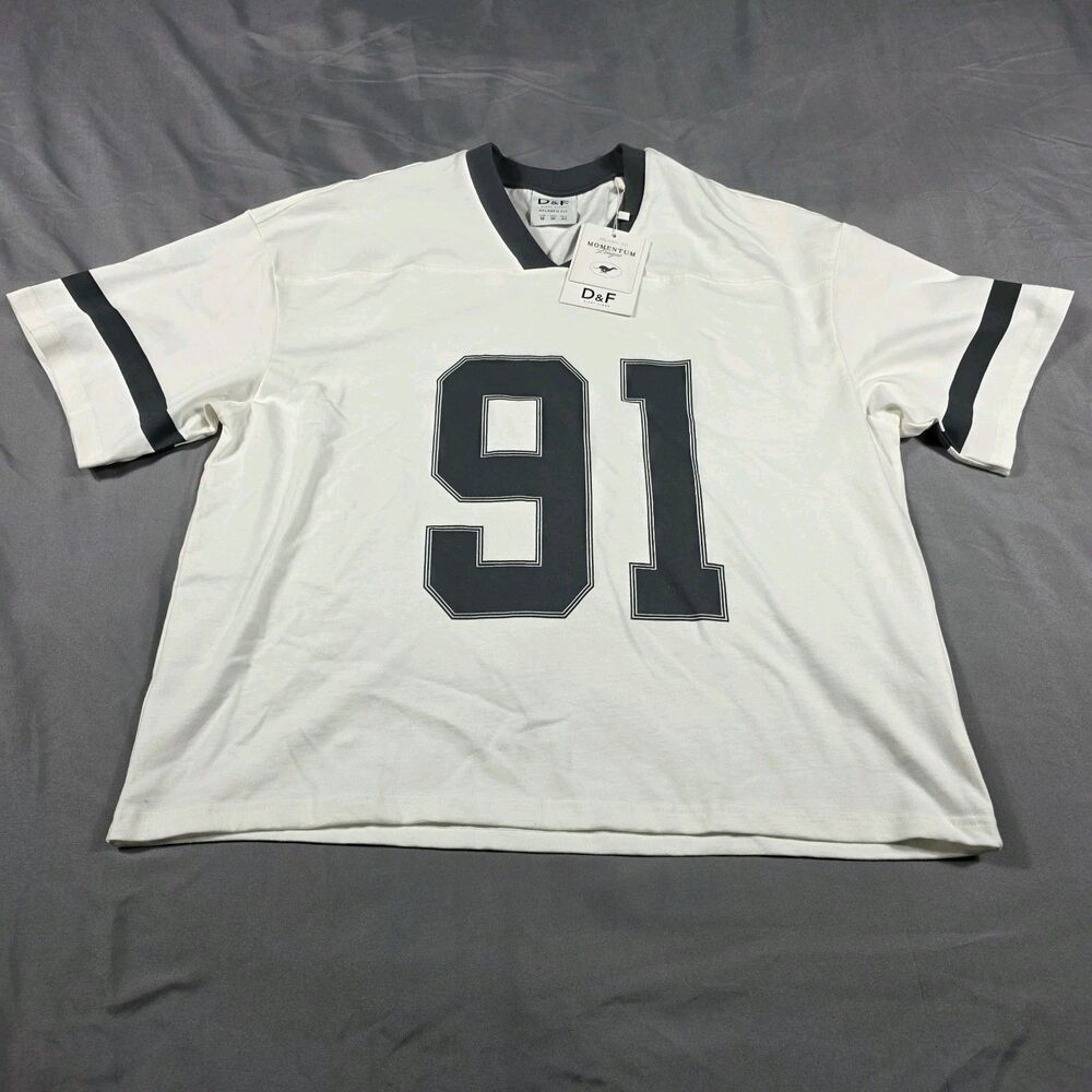 D&F Oversized Varsity Block Number 91 Short Sleeve Jersey Tee White Unisex Med